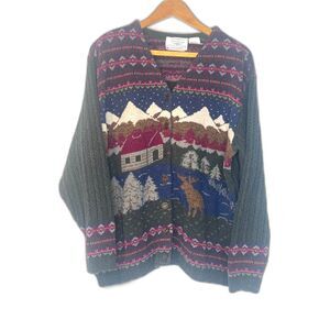 Vintage Northern Treasures Winter Moose Scenery Knit Cardigan Sweater Large